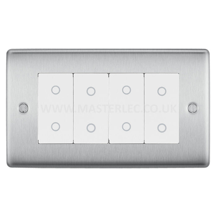 BG Nexus Brushed Steel Quad Master Touch Dimmer Switch White Inserts NBSTDM4W