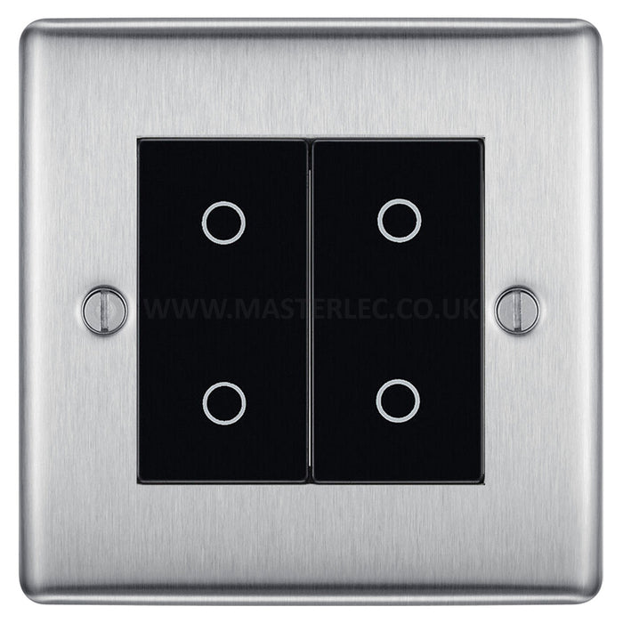 BG Nexus Brushed Steel Double Master Touch Dimmer Switch Black Inserts NBSTDM2B
