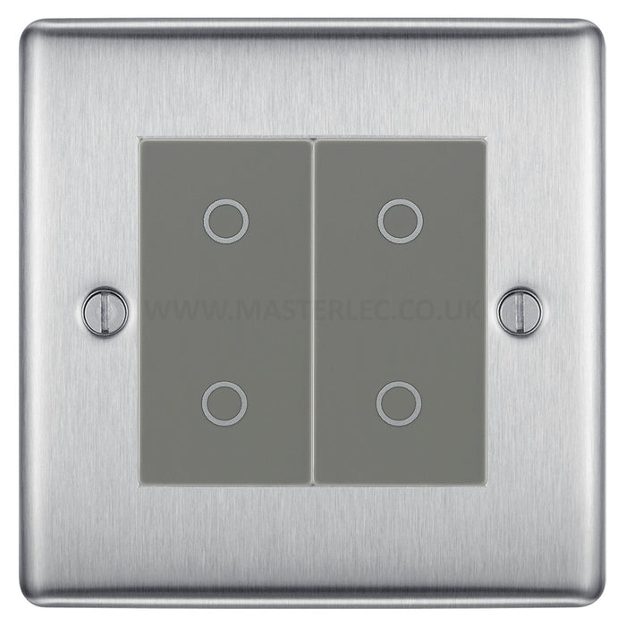 BG Nexus Brushed Steel Double Secondary Touch Dimmer Switch Grey Inserts NBSTDS2G