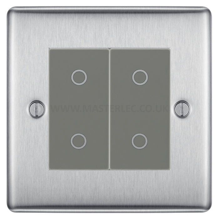 BG Nexus Brushed Steel Double Master Touch Dimmer Switch Grey Inserts NBSTDM2G