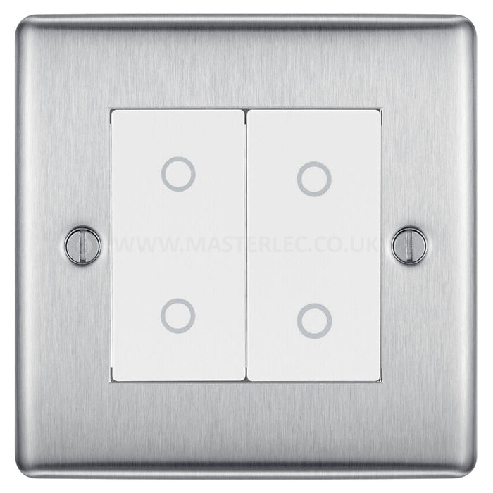 BG Nexus Brushed Steel Double Master Touch Dimmer Switch White Inserts NBSTDM2W