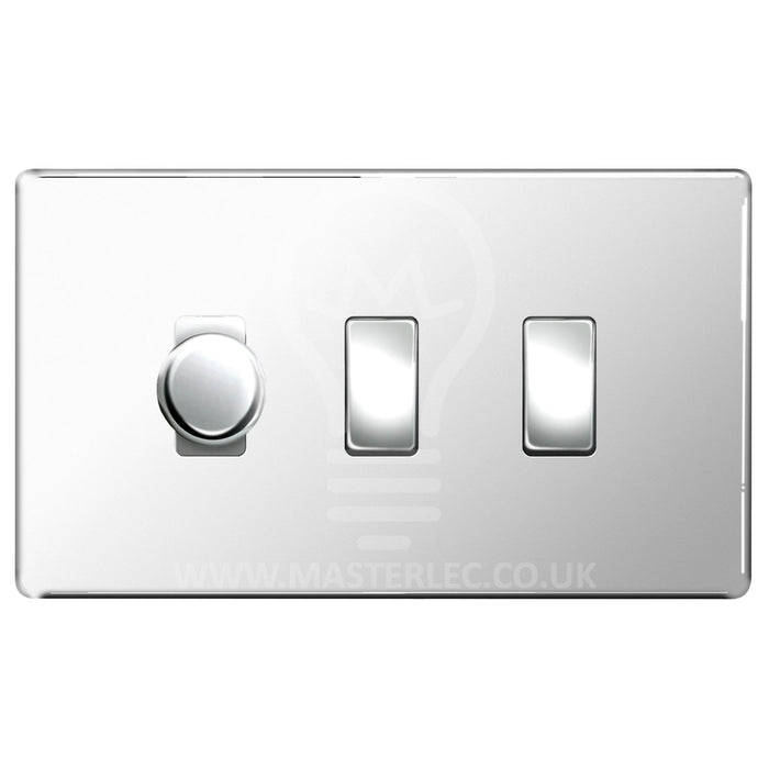 BG Polished Chrome Screwless Flat Plate 3 Gang Light Switch 1x Trailing Edge LED Dimmer 2x 2 Way Custom Switch