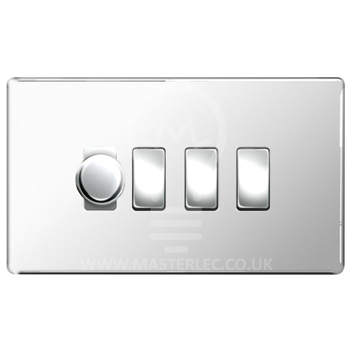 BG Polished Chrome Screwless Flat Plate 4 Gang Light Switch 1x Trailing Edge LED Dimmer 3x 2 Way Custom Switch