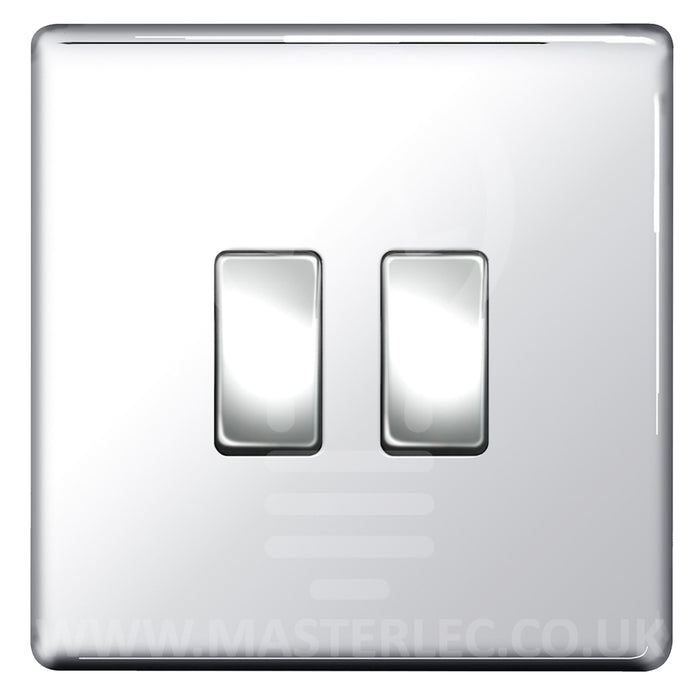 BG Polished Chrome Screwless Flat Plate 2 Gang Light Switch 1x Intermediate 1x 2 Way Custom Switch