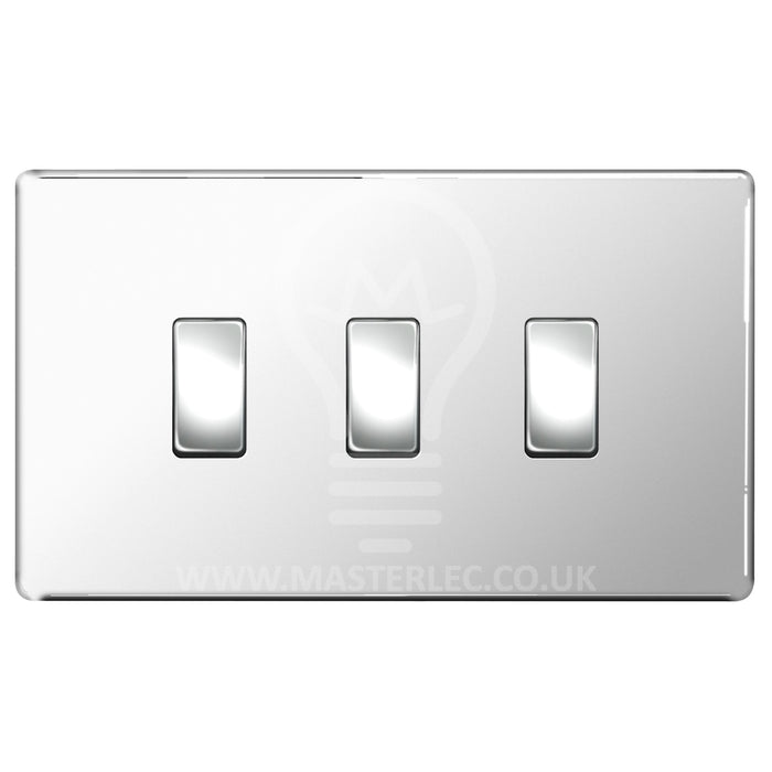 BG Polished Chrome Screwless Flat Plate 3 Gang Light Switch 1x Intermediate 2x 2 Way Custom Switch