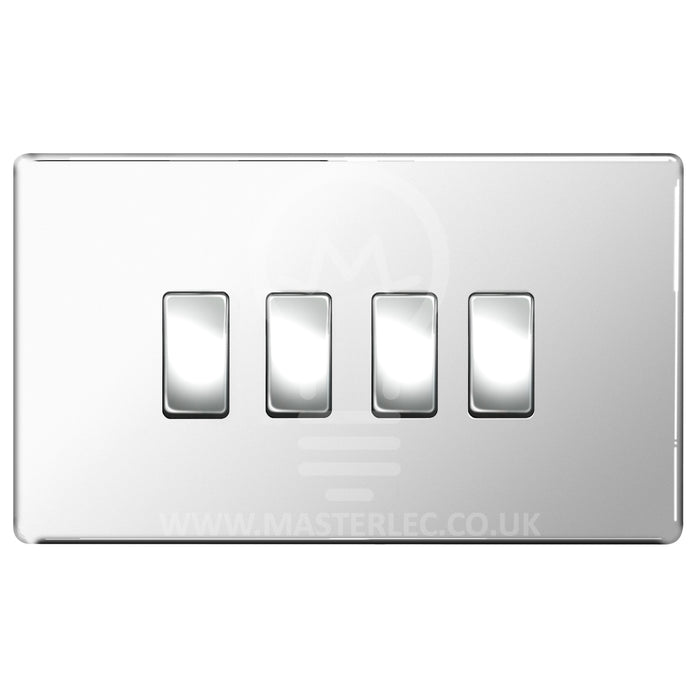 BG Polished Chrome Screwless Flat Plate 4 Gang Light Switch 1x Intermediate 3x 2 Way Custom Switch