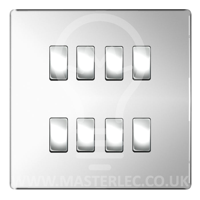 BG Polished Chrome Screwless Flat Plate 8 Gang Light Switch Custom Switch