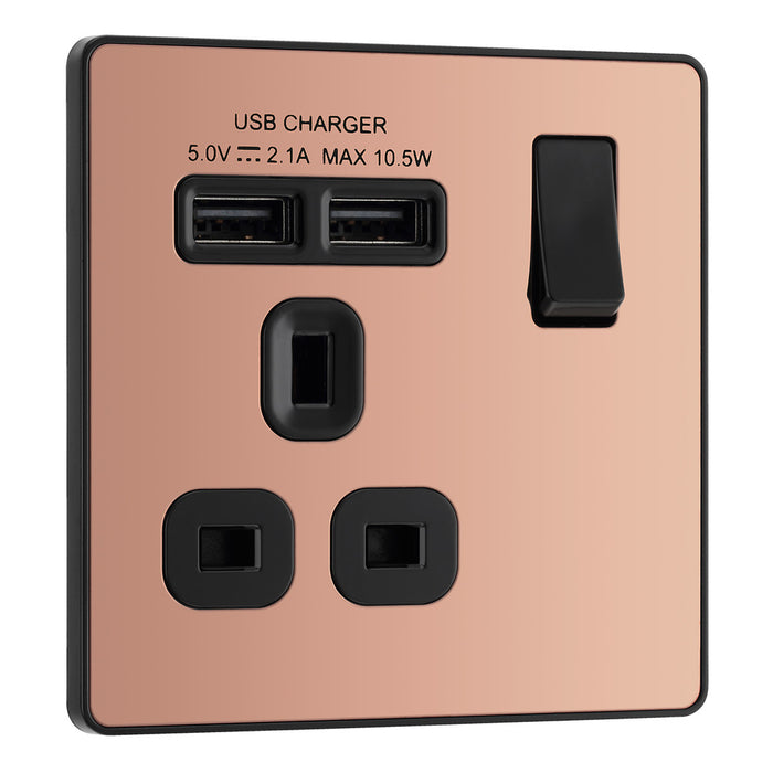 BG Evolve Polished Copper Screwless Single Socket with USB PCDCP21U2B