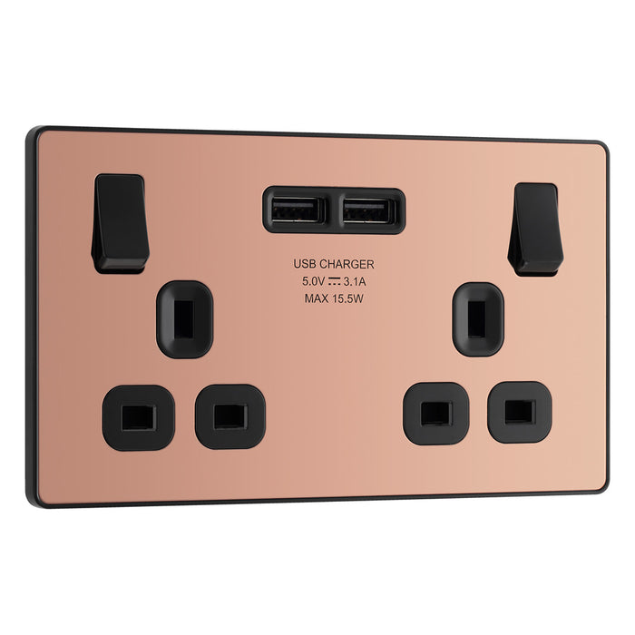 BG Evolve Polished Copper Screwless Double Socket with USB PCDCP22U3B