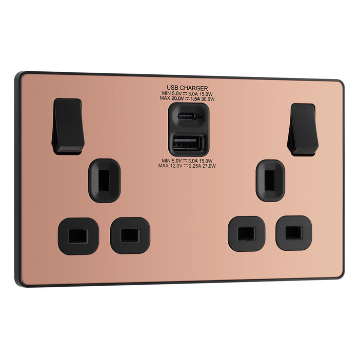 BG Evolve Polished Copper Screwless USB Double Socket Type A+C PCDCP22UAC30B
