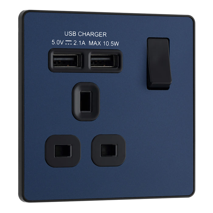 BG Evolve Matt Blue Screwless Single Socket with USB PCDDB21U2B