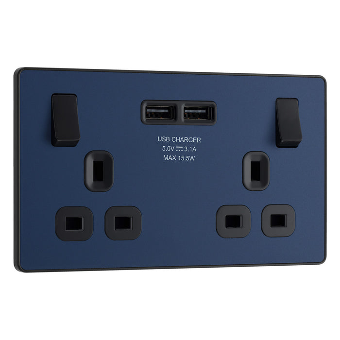 BG Evolve Matt Blue Screwless Double Socket with USB PCDDB22U3B
