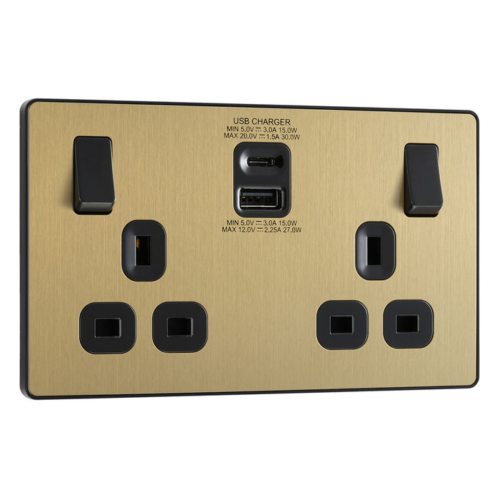 BG Evolve Satin Brass Screwless USB Double Socket Type A+C PCDSB22UAC30B