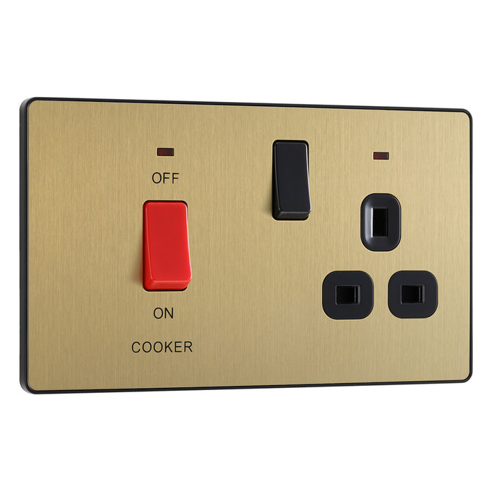 BG Evolve Satin Brass Screwless 45A DP Cooker Unit + Socket + Neon PCD ...