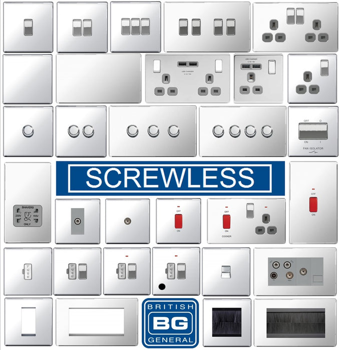 BG Nexus Screwless Flat Plate Polished Chrome Switches and Sockets Grey Inserts Full Range