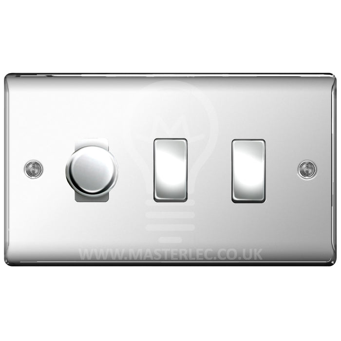 BG Polished Chrome 3 Gang Light Switch 1x Trailing Edge LED Dimmer 2x 2 Way Custom Switch