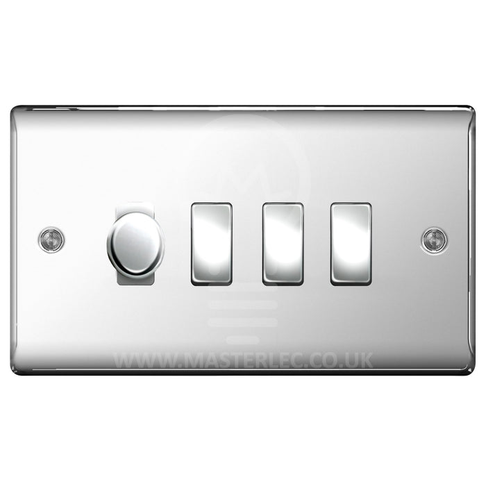 BG Polished Chrome 4 Gang Light Switch 1x Trailing Edge LED Dimmer 3x 2 Way Custom Switch