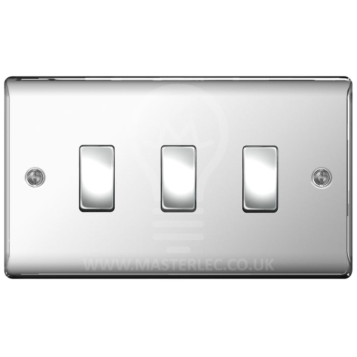 BG Polished Chrome 3 Gang Light Switch 2x Intermediate 1x 2 Way Custom Switch