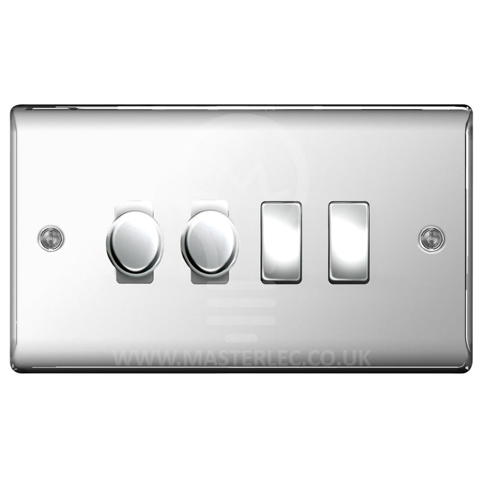 BG Polished Chrome 4 Gang Light Switch 2x Trailing Edge LED Dimmer 2x 2 Way Custom Switch