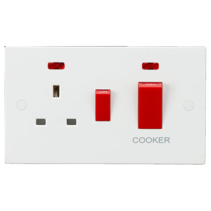 ML Accessories White Square Edge 45A DP Cooker Switch and 13A Socket with Neon