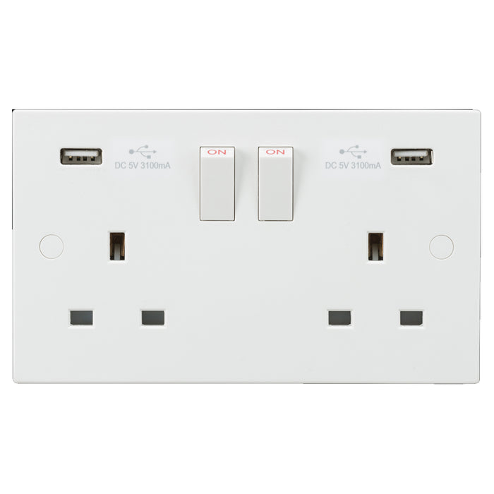 ML Accessories White Square Edge 13A 2G Switched Double Socket with Dual USB